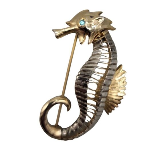 Seahorse Brooch Silver & Gold Tone Blue Rhinestone Eye Vintage Nautical Piece - Picture 3 of 8